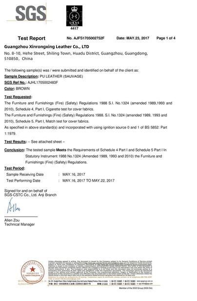 China Guangzhou Xinrongxing Leather Co., Ltd. certificaten